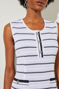 Plus Size Mini Sheath Dress - Button Front Striped Knit, White/Black | Ming Wang