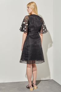 A-Line Dress - Floral Applique Bell Sleeve Grid Woven, Black/White | Ming Wang
