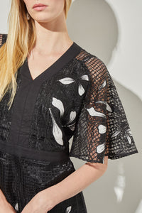 A-Line Dress - Floral Applique Bell Sleeve Grid Woven, Black/White | Ming Wang