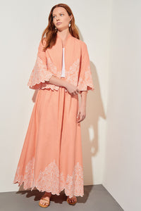Flare Maxi Skirt - Embroidered Hem Woven, Coral Sand/White | Meison Studio Presents Ming Wang