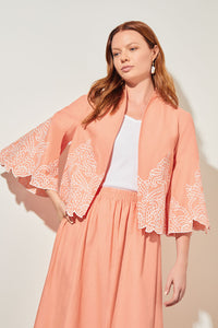 Plus Size Open Front Jacket - Embroidered Woven, Coral Sand/White | Ming Wang