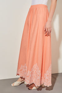 Flare Maxi Skirt - Embroidered Hem Woven, Coral Sand/White | Ming Wang