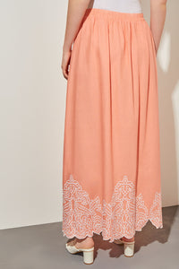 Flare Maxi Skirt - Embroidered Hem Woven, Coral Sand/White | Ming Wang