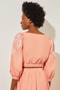 Cropped Blouse - Embroidered Detail Novelty Woven, Coral Sand/White | Ming Wang