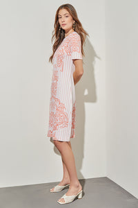 Knee-Length A-Line Dress - Jacquard Soft Knit, White/Coral Sand | Ming Wang