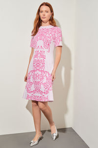 Knee-Length A-Line Dress - Jacquard Soft Knit, White/Carmine Rose | Ming Wang