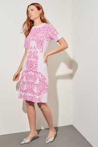 Plus Size Knee-Length A-Line Dress - Jacquard Soft Knit, White/Carmine Rose | Ming Wang
