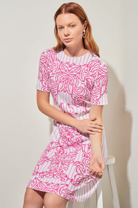 Plus Size Knee-Length A-Line Dress - Jacquard Soft Knit, White/Carmine Rose | Ming Wang