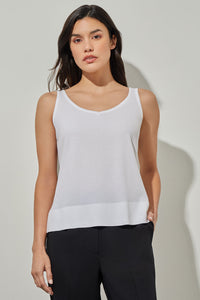 Plus Size V-Neck Tank - Side-Slit Soft Knit, White, White | Ming Wang