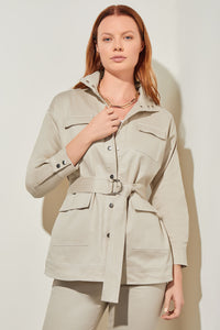 Plus Size Belted Safari Jacket - Cotton Tencel, Limestone/White | Meison Studio Presents Ming Wang
