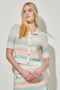 Button Up Jacket - Contrast Trim Knit, White/Coral Sand/Oceanfront/Bermuda/Limestone | Ming Wang