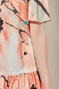 Mini Drop-Waist Flounce Dress - Abstract Woven, Coral Sand/Oceanfront/Limestone/Black/White | Ming Wang