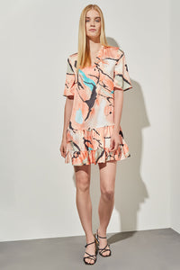 Mini Drop-Waist Flounce Dress - Abstract Woven, Coral Sand/Oceanfront/Limestone/Black/White | Ming Wang