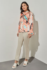 Button-Front Blouse - Poet Sleeve Abstract Woven, Coral Sand/Oceanfront/Limestone/Black/White | Ming Wang