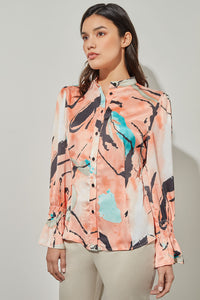 Button-Front Blouse - Poet Sleeve Abstract Woven, Coral Sand/Oceanfront/Limestone/Black/White | Ming Wang