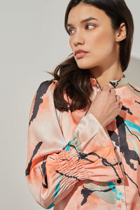 Plus Size Button-Front Blouse - Poet Sleeve Abstract Woven, Coral Sand/Oceanfront/Limestone/Black/White | Ming Wang