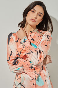 Plus Size Button-Front Blouse - Poet Sleeve Abstract Woven, Coral Sand/Oceanfront/Limestone/Black/White | Ming Wang