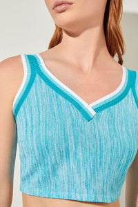 Cropped Tank - Contrast Trim Knit, Oceanfront/Bermuda/White | Ming Wang