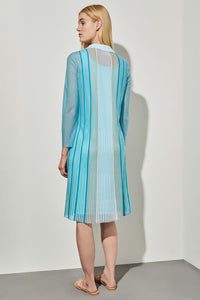 Midi A-Line Dress - Sheer Striped Soft Knit, Oceanfront/Bermuda/Limestone/White | Ming Wang