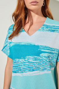 Cap Sleeve Tunic - Jacquard Soft Knit, Oceanfront/Bermuda/White | Ming Wang