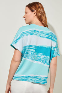 Plus Size Cap Sleeve Tunic - Jacquard Soft Knit, Oceanfront/Bermuda/White | Ming Wang