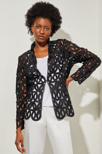 Plus Size Notch Lapel Jacket - Cage Cutout Novelty Woven, Black | Ming Wang