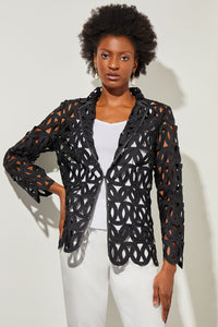 Plus Size Notch Lapel Jacket - Cage Cutout Novelty Woven, Black | Ming Wang