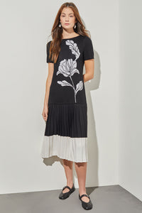 Plus Size Midi Drop-Waist Dress - Pleated Mixed Media, Black/White | Ming Wang