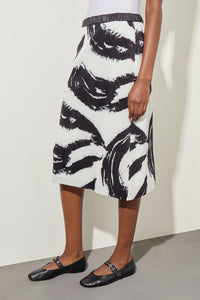 Plus Size A-Line Midi Skirt - Fine Pleat Crepe de Chine, Black/White | Ming Wang