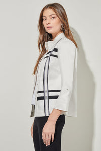 Plus Size Stand Collar Jacket - Mixed Media Cotton Tencel, White/Black | Ming Wang