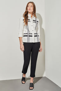 Stand Collar Jacket - Mixed Media Cotton Tencel, White/Black | Ming Wang