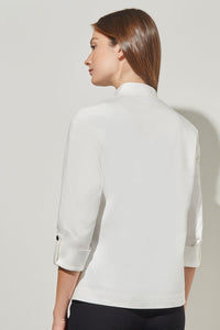 Plus Size Stand Collar Jacket - Mixed Media Cotton Tencel, White/Black | Ming Wang