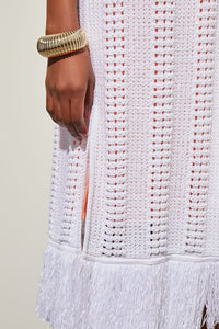 Long Open Front Jacket - Fringe Trim Cozy Knit, White | Ming Wang