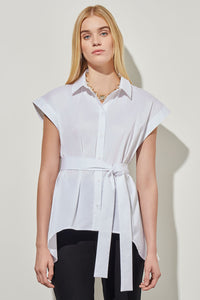 Plus Size High-Low Shirt - Tie-Waist Stretch Cotton, White | Ming Wang