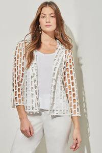 Plus Size Shirt Collar Jacket - Cage Cutout Woven, White | Ming Wang