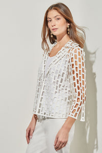 Plus Size Shirt Collar Jacket - Cage Cutout Woven, White | Ming Wang