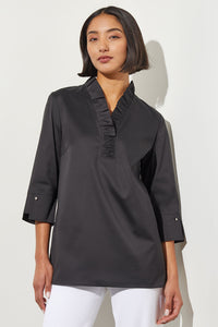 Plus Size Ruffle Collar Stretch Cotton Blouse, Black, Black | Ming Wang