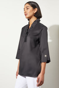 Ruffle Collar Stretch Cotton Blouse, Black, Black | Ming Wang