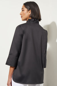Ruffle Collar Stretch Cotton Blouse, Black, Black | Ming Wang