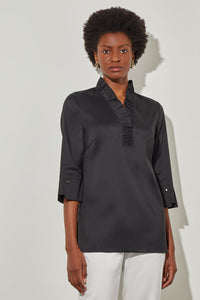 Plus Size Ruffle Collar Blouse - 100% Cotton, Black, Black | Meison Studio Presents Ming Wang