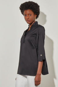 Ruffle Collar Blouse - 100% Cotton, Black, Black | Meison Studio Presents Ming Wang