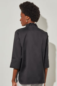 Plus Size Ruffle Collar Blouse - 100% Cotton, Black, Black | Meison Studio Presents Ming Wang