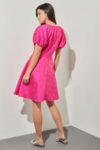 Midi Bouffant Dress - Balloon Sleeve Woven, Carmine Rose | Ming Wang