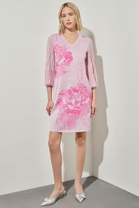 Knee-Length Sheath Dress - Pleated Bell Sleeve Soft Knit, Perfect Pink/Carmine Rose/White | Ming Wang
