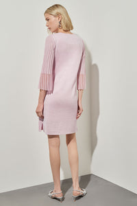 Knee-Length Sheath Dress - Pleated Bell Sleeve Soft Knit, Perfect Pink/Carmine Rose/White | Ming Wang