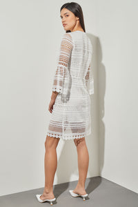 Sheath Mini Dress - Flounce Sleeve Novelty Woven, White | Ming Wang