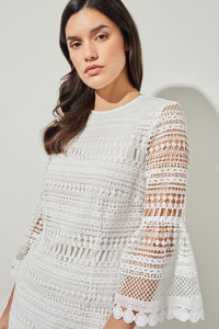 Sheath Mini Dress - Flounce Sleeve Novelty Woven, White | Ming Wang