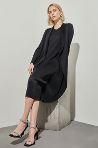 Midi Dress - Winged Collar Woven, Black | Ming Wang