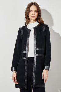 Plus Size Faux Leather Trim Knit Jacket, Black, Black | Ming Wang