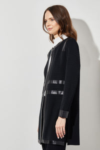 Plus Size Faux Leather Trim Knit Jacket, Black, Black | Ming Wang